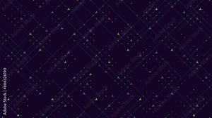 A vibrant and visually captivating seamless pattern of colorful triangular shapes arranged in a grid, featuring shades of purple, blue, and green against a dark backdrop