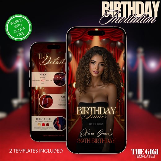 VIP Red Carpet Theme Birthday Party Invitation, Hollywood Birthday Dinner Evite, Luxury Black & Red Animated ecard, Editable Canva Template