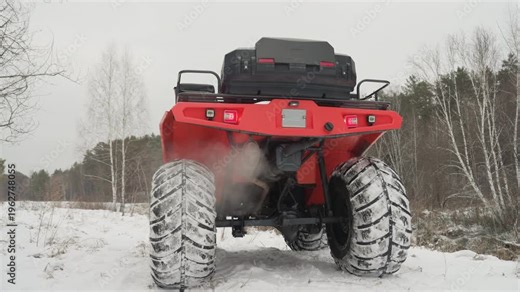 Close rear atv extreme snow launch, powerful throttle burst with visible exhaust steam, deep tread tires gripping icy terrain, aggressive offroad energy and high adrenaline mood, machine ready