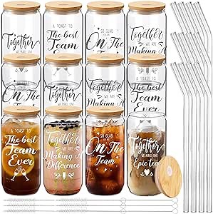 12 Pcs Team Appreciation Gift for Coworker Housekeeping Gift Mason Jar Glass Cup 16 oz Coffee Drinking Jar with Lid and Straw Cleaning Brush Drinking Cup Christmas Thank You for Employees Women