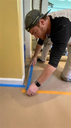 The Arts and crafts part of the job 🛡️ * I find laying down floor protection pretty satisfying! When it’s visually pleasing it makes me enjoy walking onto the jobsite more 😂 * Using Trimaco x-paper and scotch blue tape on the tiles, scotch purple on the, and the heavy duty for attaching it to itself and to the other tape. Also using the 3m handmasker with the paper folded back to give the floor a little more protection on those smaller areas. * #moosepaintingnh #process #floor #protection #mas