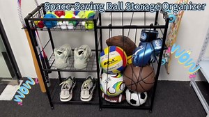 Sports Equipment Organizer, Ball Storage Rack with Elastic Straps and Removable Basket for Garage Organization, Garage Organizer with Hooks for Toy Sports Gear Storage, Sports Ball Storage Cart, Black