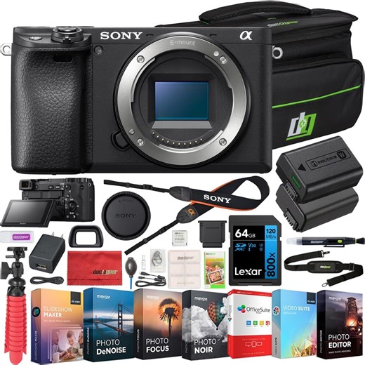 Sony ILCE-6400 a6400 Mirrorless APS-C Interchangeable-Lens Camera Bundle with Deco Gear Bag, 64GB Card, Photo Video Software and Replacement Battery