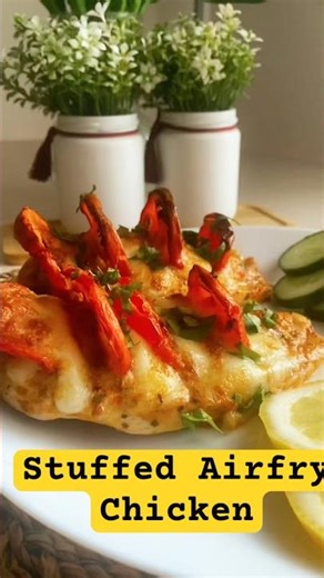 Cheesy stuffed chicken breast, air fried to perfection with fresh tomato on top.#airfryer #chicken