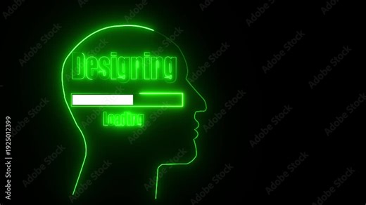 Neon green outline of a human head profile with the word Designing and a loading bar inside image photo