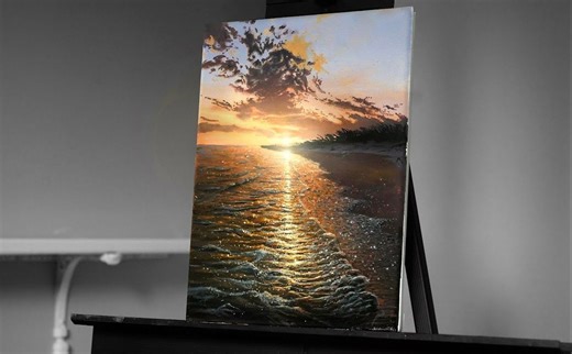 【丙烯画】【绘画教程】【机翻中字】海上的日落-Painting a Sunset Over The Ocean Beach with Acrylics