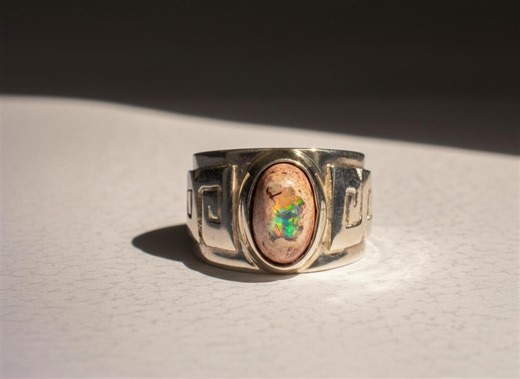 Men’s Mexican Fire Opal Ring in Solid 950 Silver – Minimalist Aztec Band, Handmade Statement Ring, Elegant Jewelry for Him - Etsy