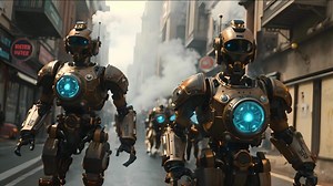 Download Metallic Robots Enforce Control in a Futuristic City Under Surveillance. for free