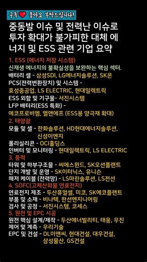 중동발 이슈 및 전력난 이슈로 투자 확대가 불가피한 대체 에너지 및 ESS 관련 기업 요약