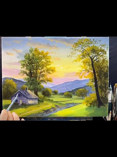 How to Paint a Peaceful Sunset | Relaxing Countryside Acrylic Landscape #huyacrylicpainting