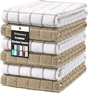 Homaxy Premium Cotton Kitchen Towels 16"x 28", Large Natural Ring Spun 390 GSM Dish Towels, Super Absorbent Terry Kitchen Hand Towels, Soft Tea Towels with Hanging Loop, Tan Check Design, 6 Pack