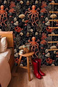 Octopus Coral Peel & Stick Wallpaper – Dark Nautical Ocean Mural – Custom Size - Etsy