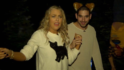 'Dancing With the Stars' duo Elaine Hendrix and Alan Bersten braved the Jason Universe Maze at Universal Studios. | Entertainment Tonight