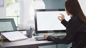 Architect designing blueprints for house remodeling project, using modern cad software on computer to create new floor plan for customers. Engineer takes measurements on layout sketches in office.