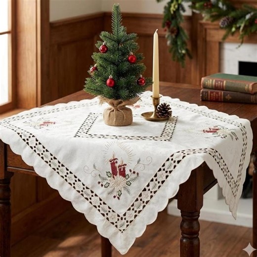 Vintage Christmas Table Topper | Cutwork Poinsettia Candle Embroidery MCM Decor - Etsy