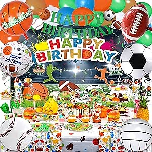 177 Pcs Sports Birthday Party Decorations, Sports Birthday Party Supplies, Sports Themed (Football Soccer Basketball Baseball) Party Decorations: Balloons Backdrop Banner Tableware Stickers.