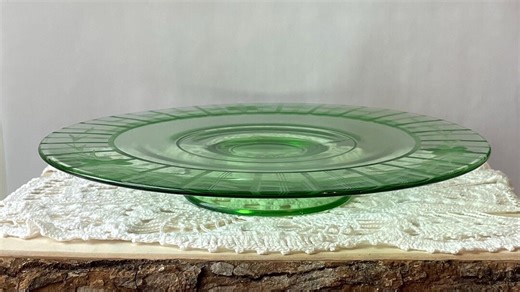 Antique Green Depression Glass Dessert Cake Plate, Vintage Uranium Etched Floral Pie Stand, Pedestal Dish or Riser, 11” Diameter - Etsy