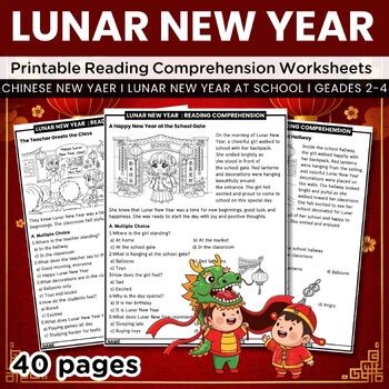 Lunar New Year at School Reading Comprehension Worksheets, Chinese New Year ELA