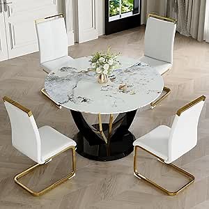 48" Round Dining Table Set for 4, Sintered Stone Dining Table Top with Wood Pedestal, 4 Pu Leather Chairs