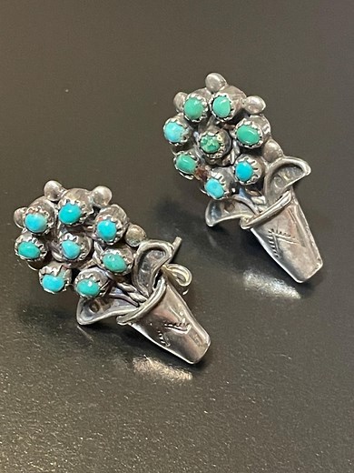 Vintage Zuni Petit Point Native Flower Turquoise Sterling Silver Earrings - Etsy