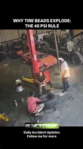 Daily Accident Files on Instagram: "Most technicians think they can "feel" when a tire is about to go. They’re wrong. As seen here, the failure happens at a speed the human eye can't track. ​Standard safety protocols mandate never exceeding 40 PSI to seat a bead and always remaining outside the "trajectory path". One minor flaw in the rim or an over-pressurized line creates a bomb in your hands. ​We analyze the world’s most dangerous close calls to build a smarter, safer community. ​Don't let yo