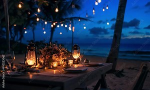 Romantic Oceanfront Dinner Under the Stars: A breathtaking scene of an intimate dinner for two set on a sandy beach, bathed in the warm glow of lanterns and string lights