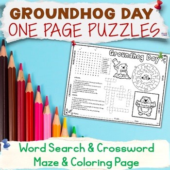 Groundhog Day PLACEMAT Activities Puzzles Word Search Crossword Maze Worksheet