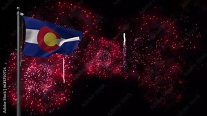 Colorado Flag Background with flagpole and fireworks. Colorado Flag Waving animation, great for Colorado Day celebration, Independence Day, New Year and more Colorado event.