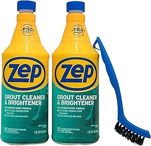 Zep Grout Cleaner and Brightener and Easy to Use Handheld Brush - 32 oz (Case of 2) - ZU104632 - Deep Cleaning Formula Removes Old Stains From Grout