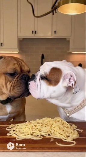 Dog Vibe - The Chicken Spaghetti Kiss Series - British Bulldogs share a spaghetti string and kiss