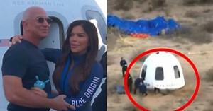 Jeff Bezos face-plants while rushing to fiancee on her return from space flight