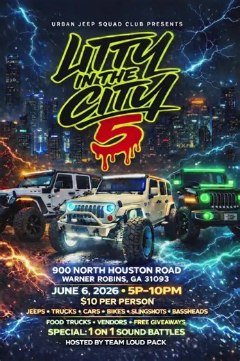 The city about to turn ALL THE WAY UP again! 🔥 LITTY IN THE CITY 5 🔥 Hosted by Urban Jeep Squad Club We’re calling out: 🚙 Jeep Clubs 🚗 Car Clubs 🛻 Truck Clubs 🏍 Bike Clubs 🛺 Slingshots 🔊 Bassheads Y’all know how we like to do! We bring all car enthusiasts together for a night of cool vibez, clean builds and dope rides! Let’s see which club pulling up the deepest and loudest! June 6, 2026!! Stay tuned!! More details to come! ✌🏾🖤 #littyinthecity5 #UrbanJeepSquad #litc5 #jeeplifeisthebest