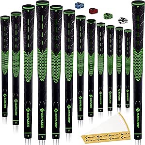 SAPLIZE Classic Rubber Golf Grips 13 Pack, High Feedback, Non-Slip, 13 Grips with 15 Tapes, Midsize, Green, CC01 Series