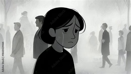 Depressed Lonely Girl Crying While Standing Still in a Busy Crowd Animation