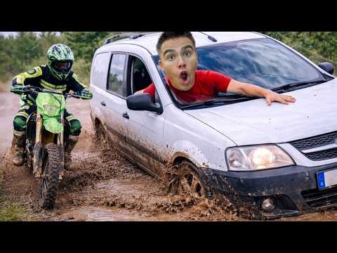 Brother on Lada Largus got into a Mud Pit VS Motorcyclist on Motorcycle Yamaha & Swim in Pool