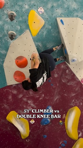 the scientist climbs 🎱 on Instagram: "Follow for new climber tips & short girl betas 🐒 Just barely reaching the minimum height requirement for this double knee bar ride 😂 Really fun comp route at📍Movement Santa Clara, CA #climbing #bouldering #rockclimbing #newclimber #climbingtraining #v4 #movement #gym"