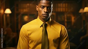 An African American man is seen wearing a bright yellow dress shirt which stands out against his deep brown skin. His slicked back