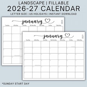 2026-2027 Editable Calendar PDF | Fillable Monthly Planner Pages | Landscape Layout | Printable Schedule Organizer | Digital Download | CFWH - Etsy