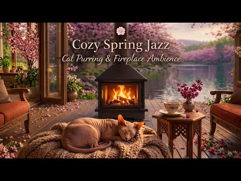 Cozy Spring Jazz 🌸 Sphynx Cat Purring & Fireplace Ambience