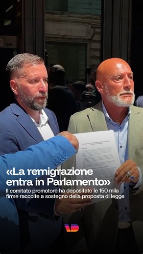 La proposta di legge di iniziativa popolare sulla remigrazione è stata depositata alla Camera dei deputati dopo la raccolta di circa 150 mila firme. L'iniziativa, promossa dal comitato