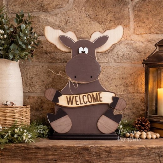Custom Moose Welcome Sign, Layered Wood Cabin Decor, Hand Painted Shelf Sitter - Etsy