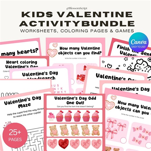 Valentine’s Day Worksheets for Kids - Coloring Pages, Mazes, Word Searches - 30‑page Printable Bundle - Etsy