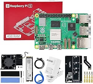 Yahboom Raspberry Pi 5 4GB RAM Starter Kit with with Active Cooler,PCIe to M.2 Adapter, 256GB SSD, 27W 5.1V/5A Power Adapter for Linux System (Pi5 4GB, PCIe M.2 SSD Kit)