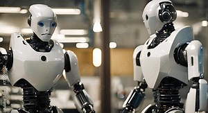 Two robots, standing side by side, exchange information.