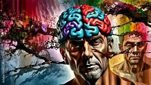 Intense and thought-provoking portrait of a man with an exploding brain, symbolizing the complexity and power of human thought. This striking image is ideal for themes related to psychology