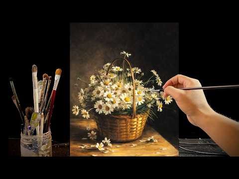 🎨 Painting White Daisies in a Rustic Basket | Relaxing Acrylic Still Life Tutorial | #161