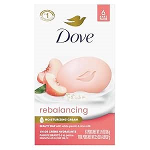 Dove Rebalancing Beauty Bar Soap 6 Count, White Peach & Rice Milk, 3.75 oz I Plant-based beauty bar with white peach and rice milk for soft, moisturized skin