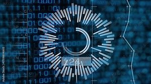 On playback start data chart rotating arc pulsing bars and readout counting to show progression