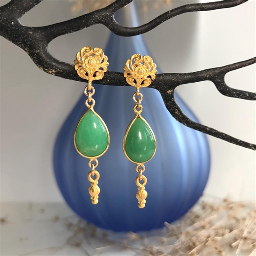 Chrysoprase Earrings, Filigree Earrings, Gold Earrings, Bridal Earrings, Stud Dangle Earrings, Natural Gemstone, Gift for Her - Etsy Canada
