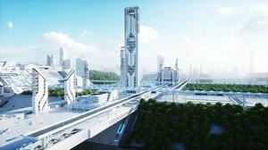 Futuristic city, town. The concept of the future. Aerial view. Realistic 4k animation.